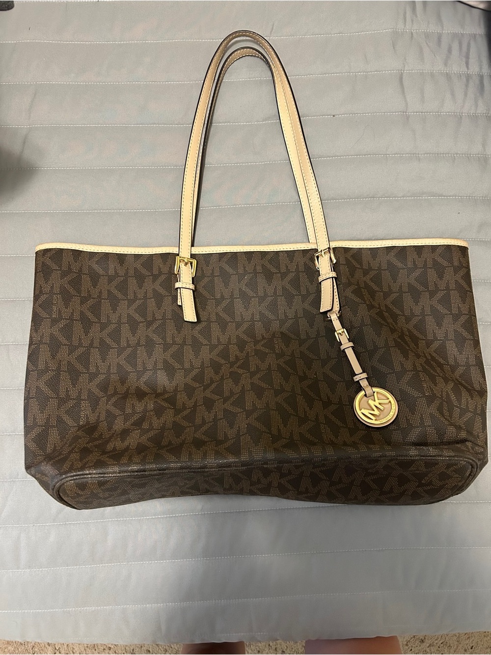 Michael Kors Brown Signature MK Tote with Cream Trim and Gold Accent
